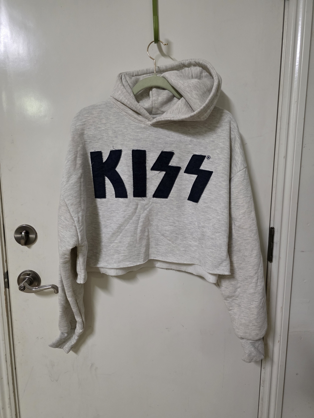 Kiss Cropped Hoodie Sweatshirt - Light Gray with Navy Logo